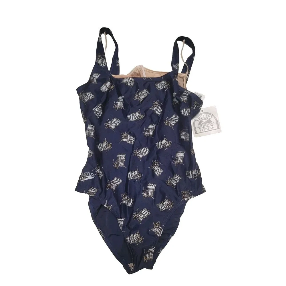 Vintage Speedo Women's  One Piece‎ Swimming Suit 14 Navy Blue American Flags
